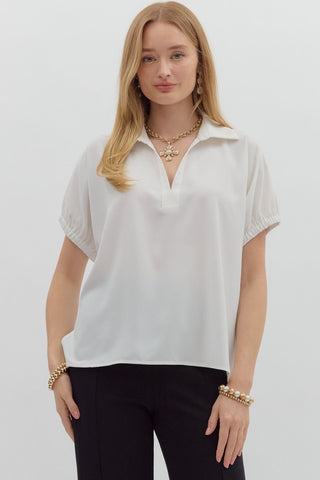 ENTRO Solid Split Collar Top In Off White