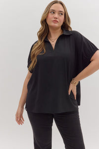 ENTRO Solid Split Collar Top In Black PLUS Sizes