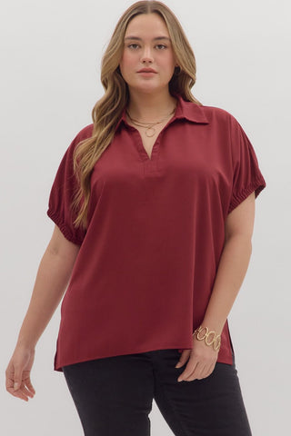 ENTRO Solid Split Collar Top In Burgundy PLUS Sizes