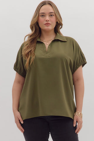 ENTRO Solid Split Collar Top In Olive PLUS Sizes