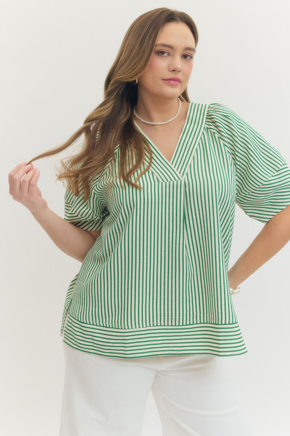 ENTRO Striped Short Sleeve Top With V Neck In Green PLUS Sizes *COMING SOON*