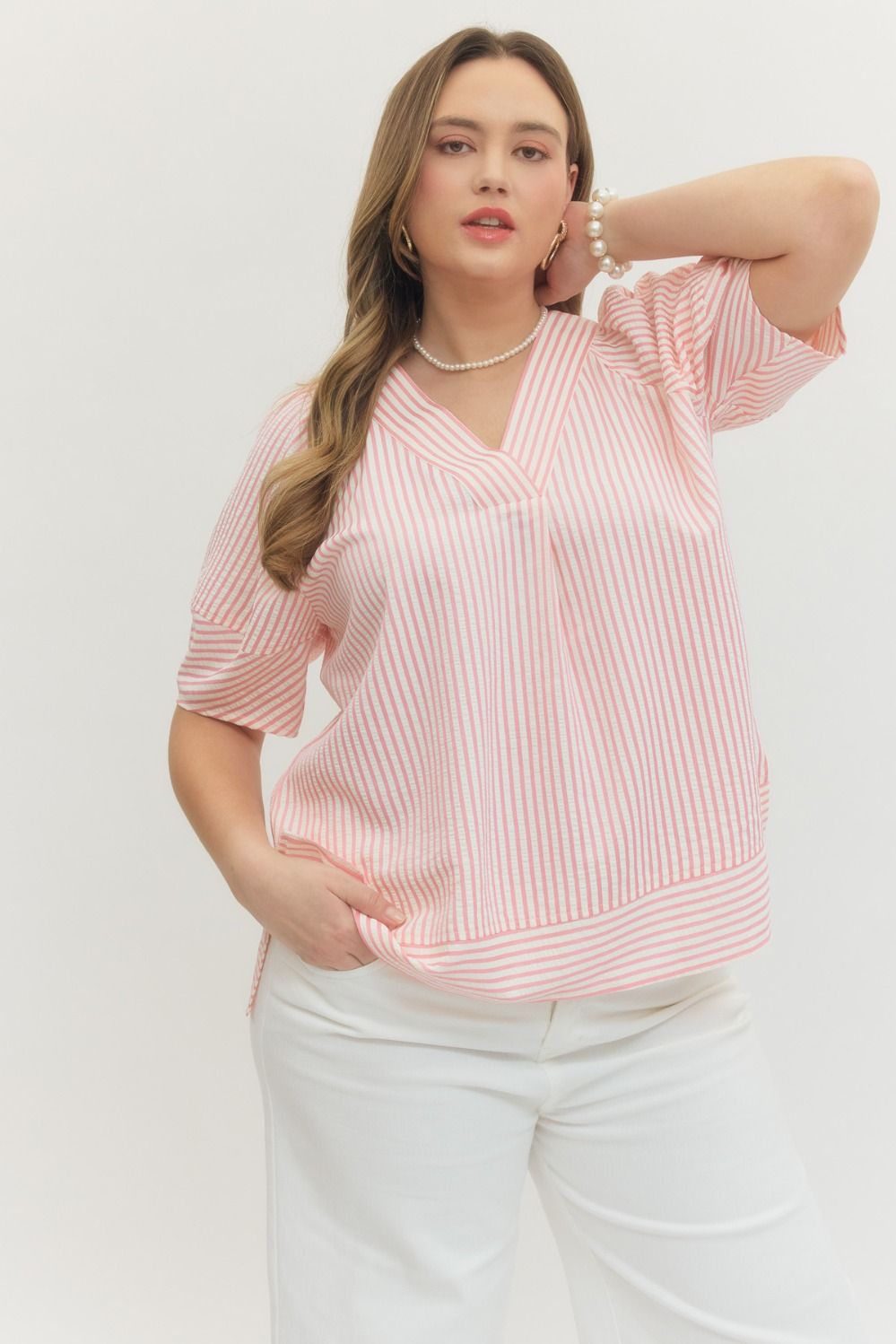 ENTRO Striped Short Sleeve Top With V Neck In Pink PLUS Sizes *COMING SOON*