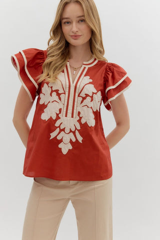 ENTRO Flutter Sleeve Embroidered V Neck Top In Cinnamon