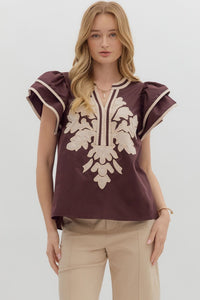 ENTRO Flutter Sleeve Embroidered V Neck Top In Espresso