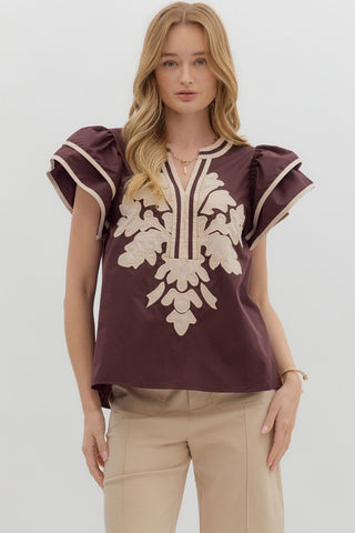 ENTRO Flutter Sleeve Embroidered V Neck Top In Espresso