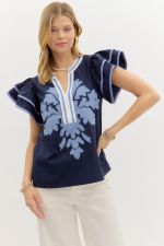ENTRO Flutter Sleeve Embroidered Front Top In Navy