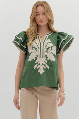 ENTRO Flutter Sleeve Embroidered V Neck Top In Pine