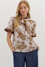 ENTRO Floral Contrast Ruffle Sleeve Top In Brown