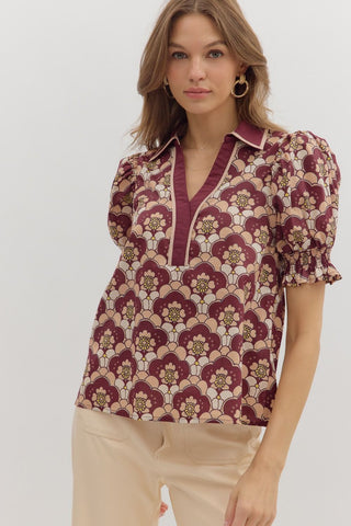 ENTRO Abstract puff Sleeve Top In Wine