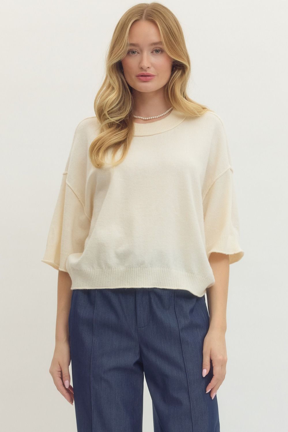 ENTRO Solid Sweater Knit 3/4 Sleeve Pullover In Cream *FINAL SALE*