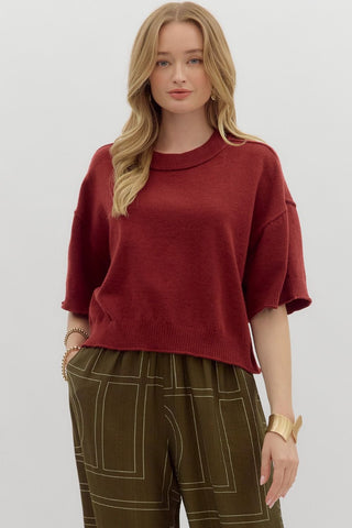 ENTRO Solid 3/4 Sleeve Sweater In Garnet