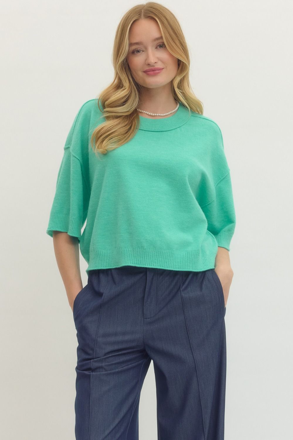 ENTRO Solid Sweater Knit 3/4 Sleeve Pullover In Mint