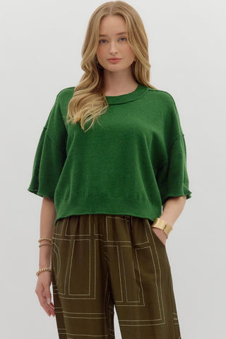 ENTRO Solid 3/4 Sleeve Sweater In Pine