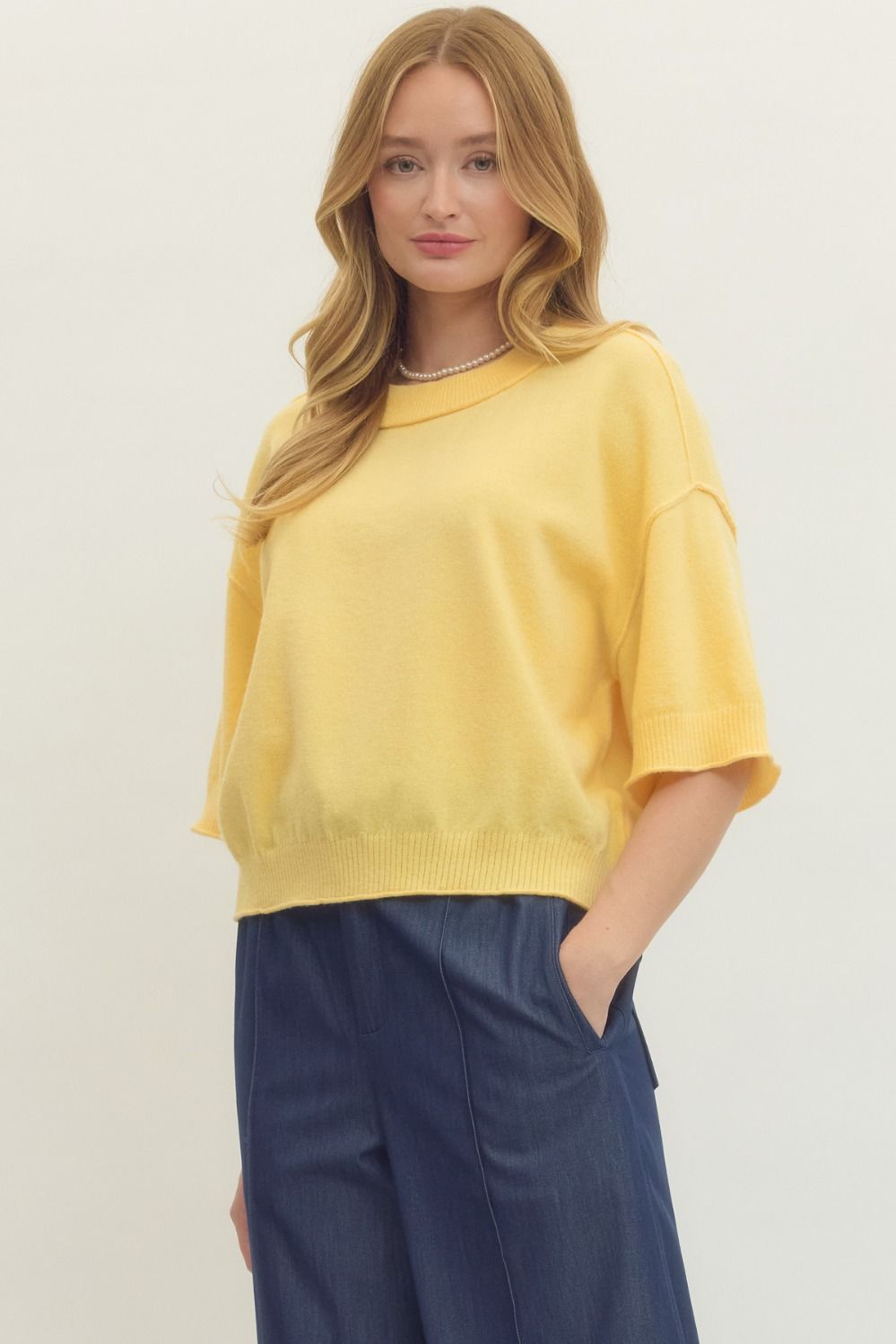 ENTRO Solid Sweater Knit 3/4 Sleeve Pullover In Yellow