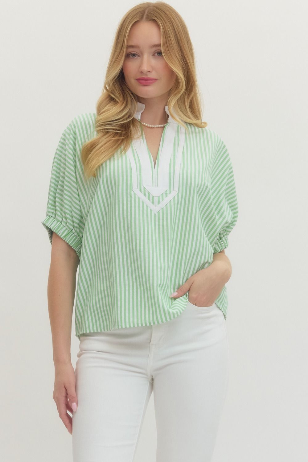 Entro Dolman Top With Contrast V Neck In Green