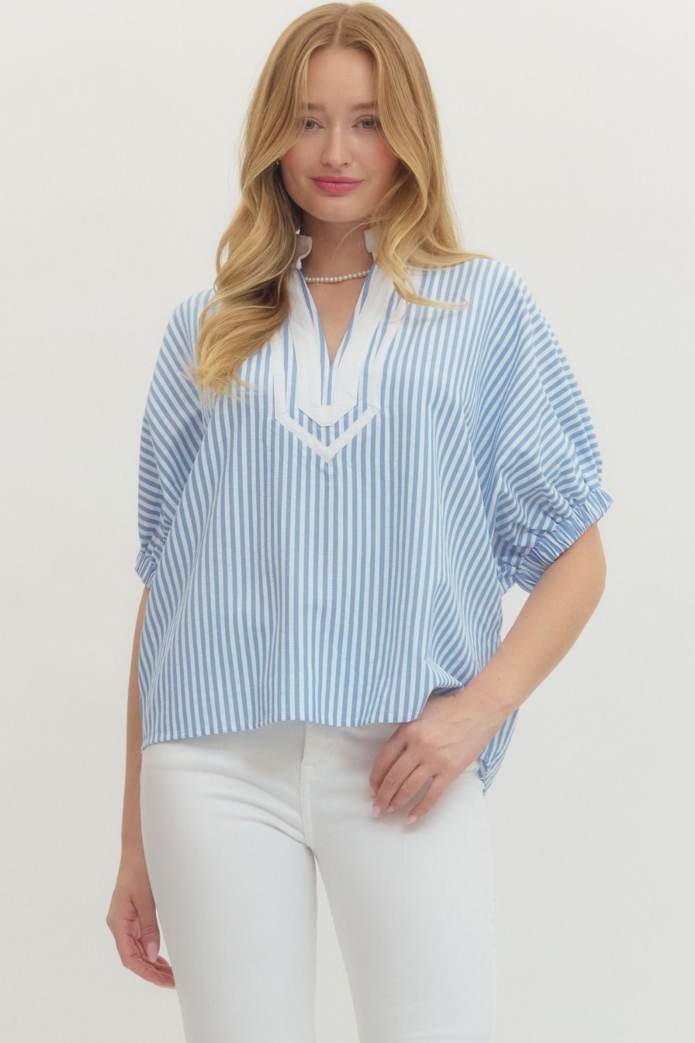 ENTRO Striped Short Sleeve Top In Light Blue