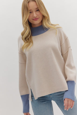 ENTRO Solid Long Sleeve Pullover With Contrast Trim In Ecru *COMING SOON*