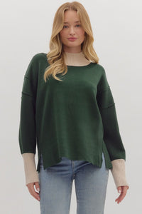 ENTRO Solid Long Sleeve Pullover With Contrast Trim In Hunter Green *COMING SOON*