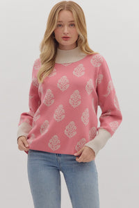 ENTRO Botanical Print Pullover With Contrast Trim In Dusty Pink *COMING SOON*