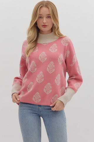 ENTRO Botanical Print Pullover With Contrast Trim In Dusty Pink *COMING SOON*