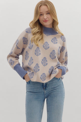 ENTRO Botanical Print Pullover With Contrast Trim In Ecru *COMING SOON*