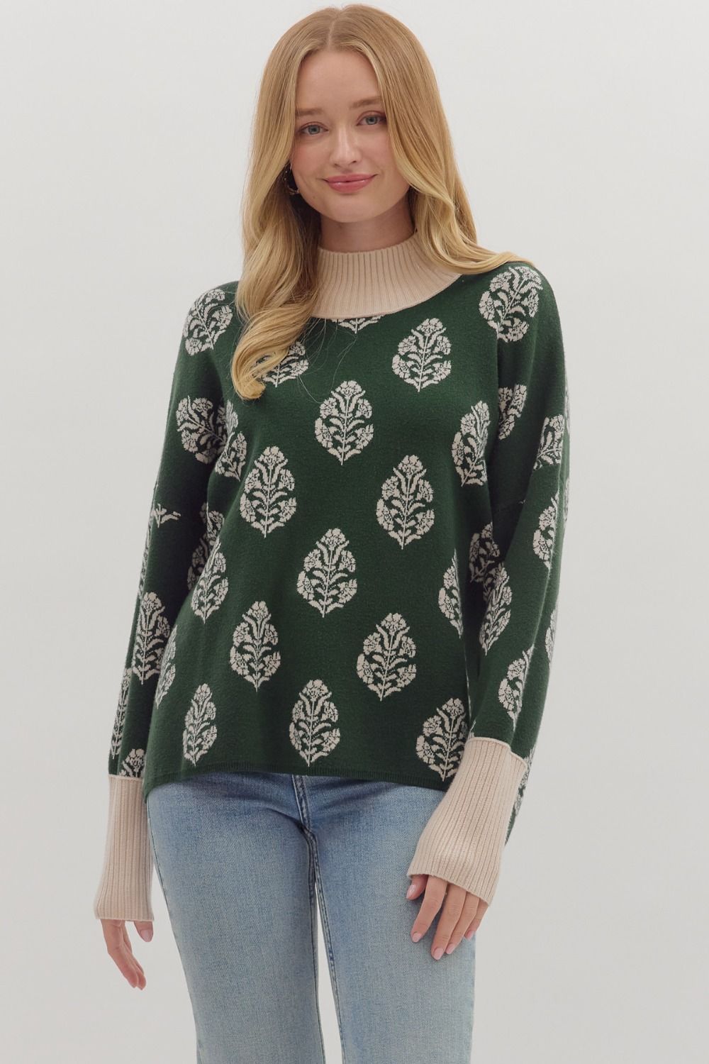 ENTRO Botanical Print Pullover With Contrast Trim In Hunter Green *COMING SOON*