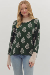 ENTRO Botanical Print Pullover With Contrast Trim In Hunter Green *COMING SOON*