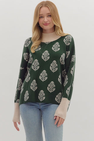 ENTRO Botanical Print Pullover With Contrast Trim In Hunter Green *COMING SOON*