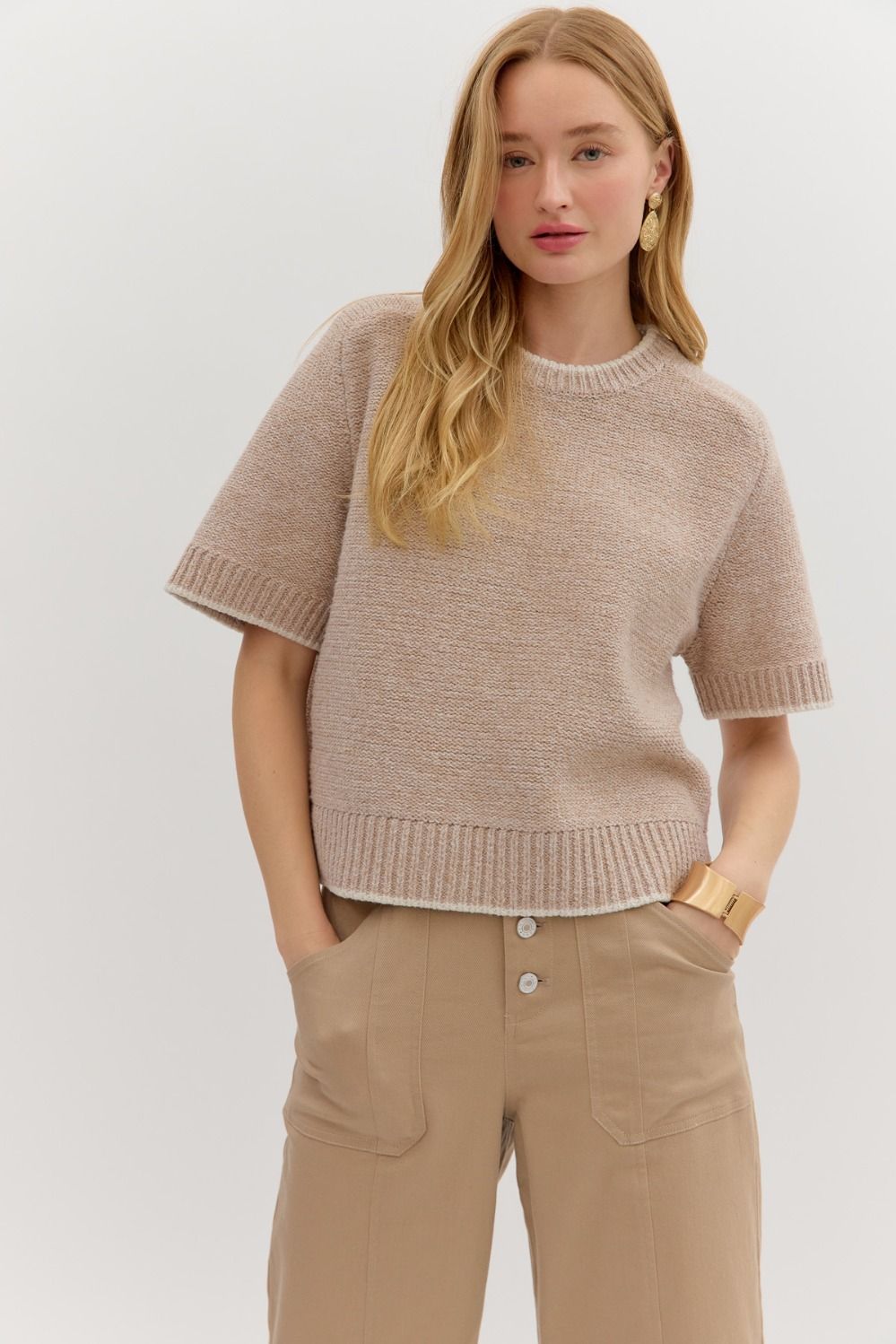 ENTRO Elbow Length Sweater With Contrast Edge In Oatmeal