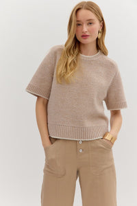 ENTRO Elbow Length Sweater With Contrast Edge In Oatmeal