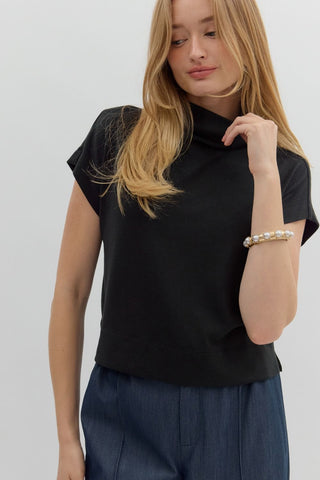 ENTRO Solid Knit Mock Neck Top In Black