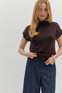 ENTRO Solid Knit Mock Neck Top In Brown