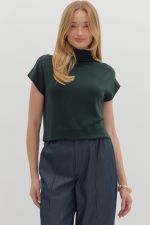 ENTRO Solid Knit Mock Neck Top In Hunter Green