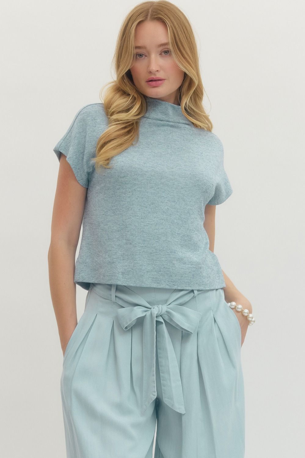 Entro Solid Knit Mock Neck Pullover Top In Light Blue