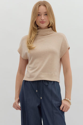 ENTRO Solid Knit Mock Neck Top In Oatmeal