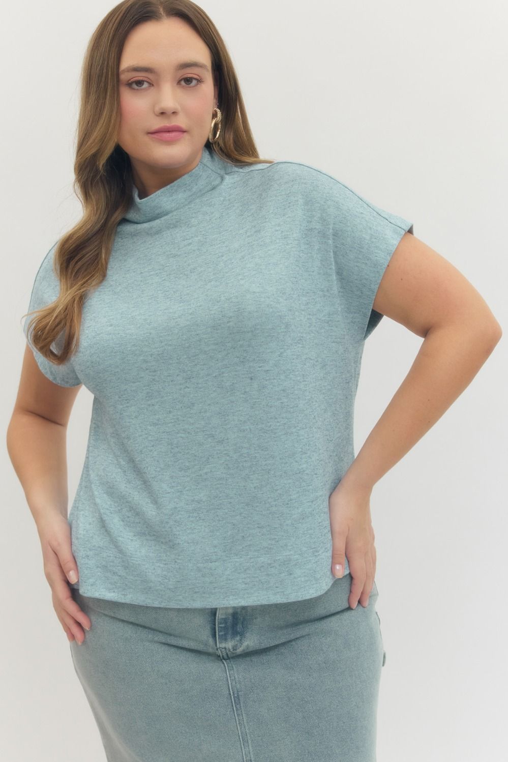 Entro Solid Knit Mock Neck Pullover Top In Light Blue PLUS Size *FINAL SALE*