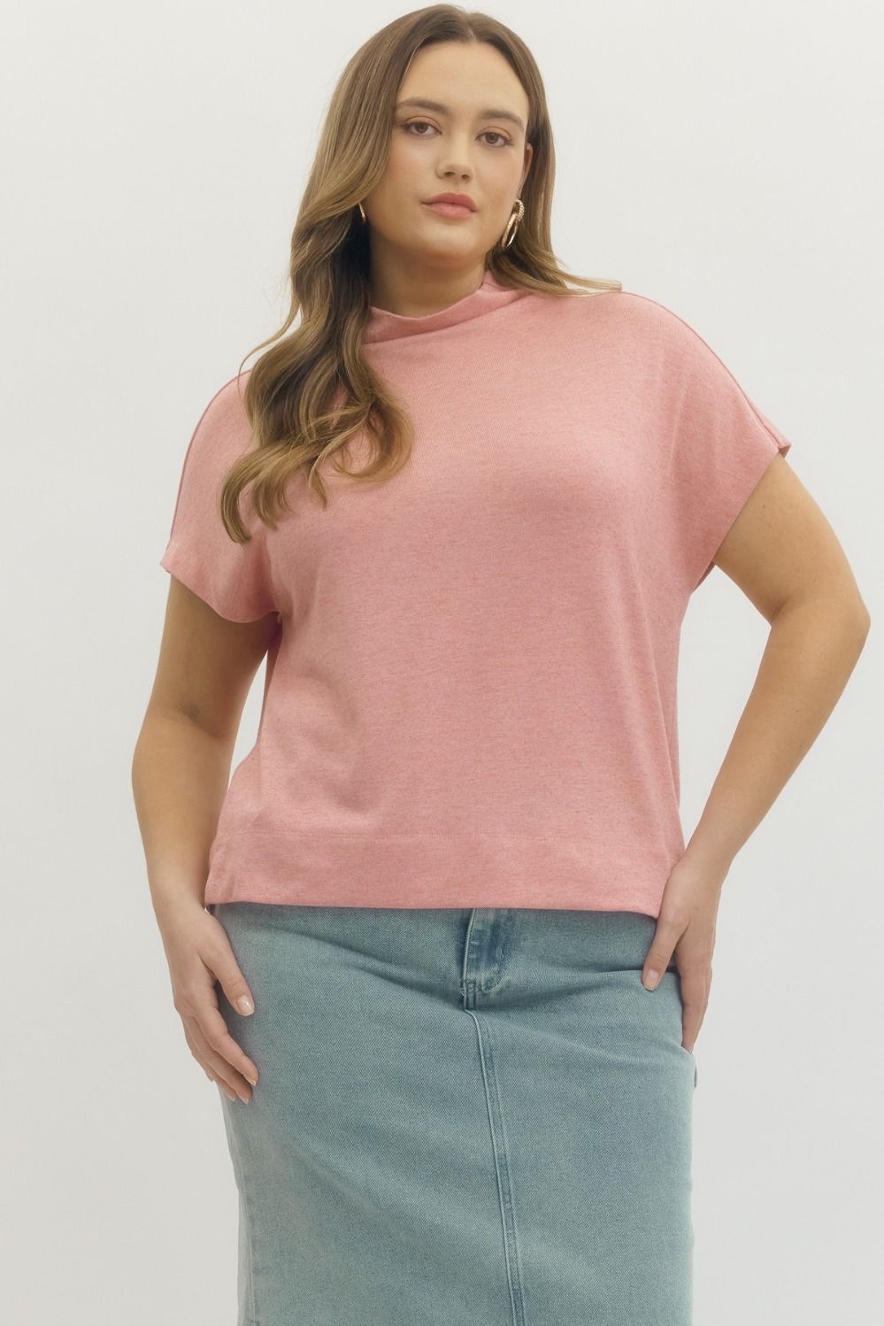 Entro Solid Knit Mock Neck Pullover Top In Light Pink PLUS Size *FINAL SALE*