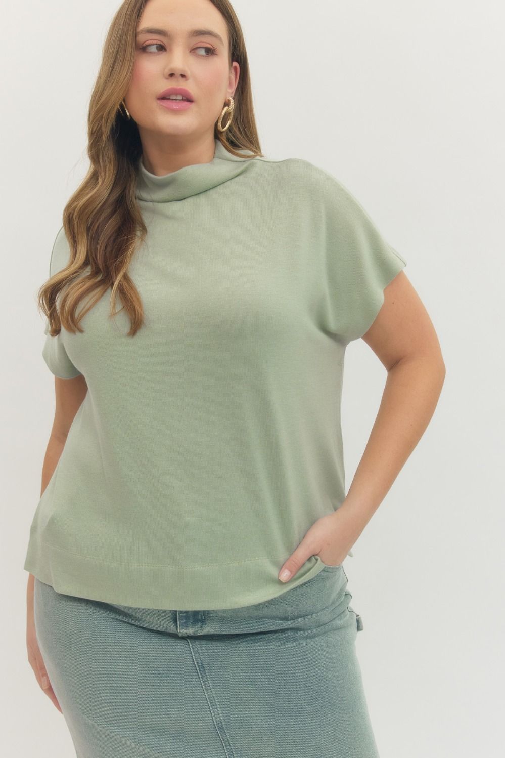 Entro Solid Knit Mock Neck Pullover Top In Mint PLUS Size *FINAL SALE*