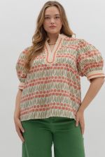 ENTRO Floral Pattern Cuff Band Puff Sleeve Top In Ecru PLUS Size