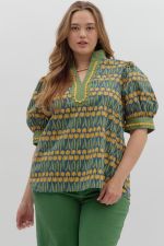 ENTRO Floral Pattern Cuff Band Puff Sleeve Top In Teal PLUS Size