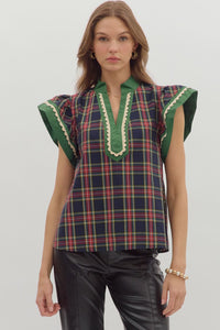 ENTRO Plaid Flutter Sleeve V Neck Top In Navy