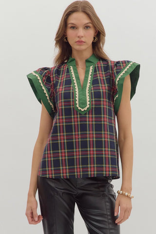 ENTRO Plaid Flutter Sleeve V Neck Top In Navy