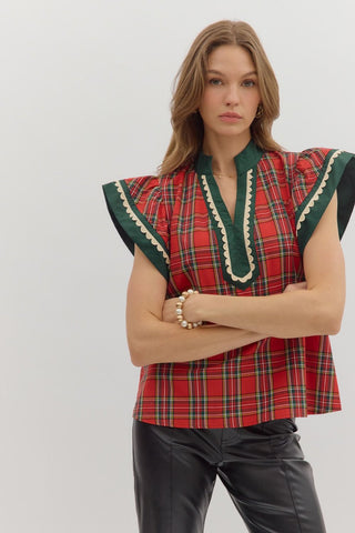 ENTRO Plaid Flutter Sleeve V Neck Top In Red