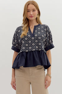 ENTRO Floral Jacquard Top In Navy