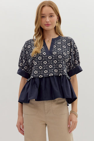 ENTRO Floral Jacquard Top In Navy