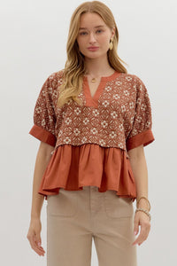 ENTRO Floral Jacquard Top In Rust