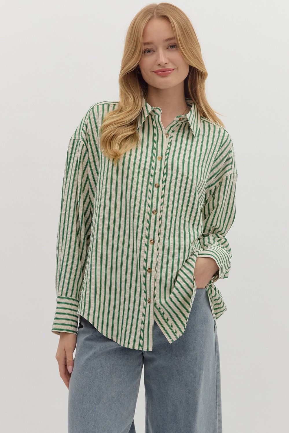 ENTRO Striped Long Sleeve Button Down In Green
