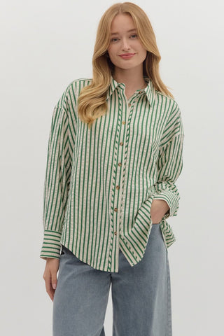 ENTRO Striped Long Sleeve Button Down In Green