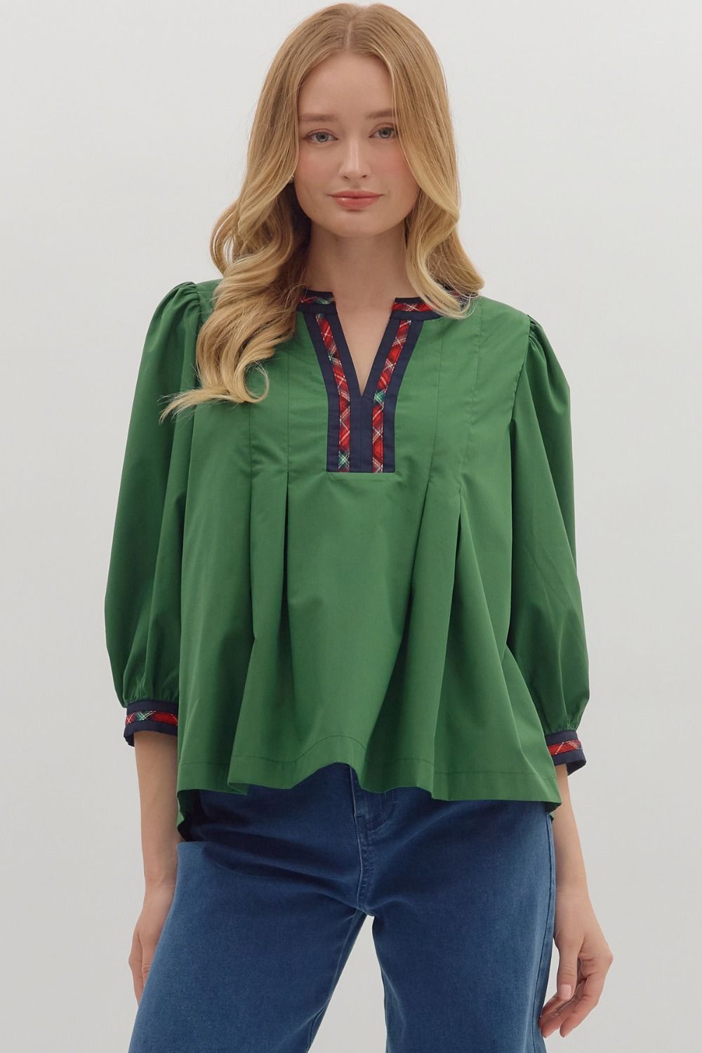 Entro Solid 3/4 Sleeve Top With Pleated Front & Back In Green