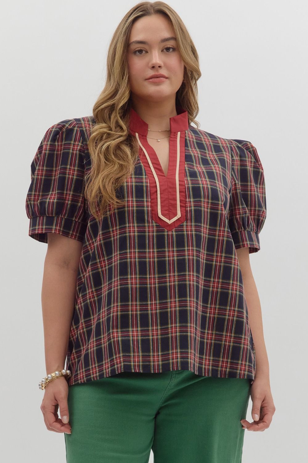 Entro Plaid Cuff Band Short Sleeve Top In Navy PLUS Sizes